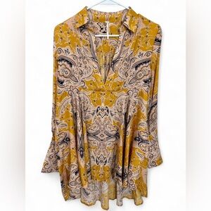 Women Free People Field Of Dreams Paisley Boho Silky Tunic Blouse Small High Low